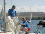 The LaVoie team gets the sails ready while What About Bob heads out