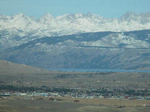 View of Pinedale, Fremont Lake, and the Wind River Mountains from  the Mesa south of Pinedale mid November. Photo by Dave Bell.