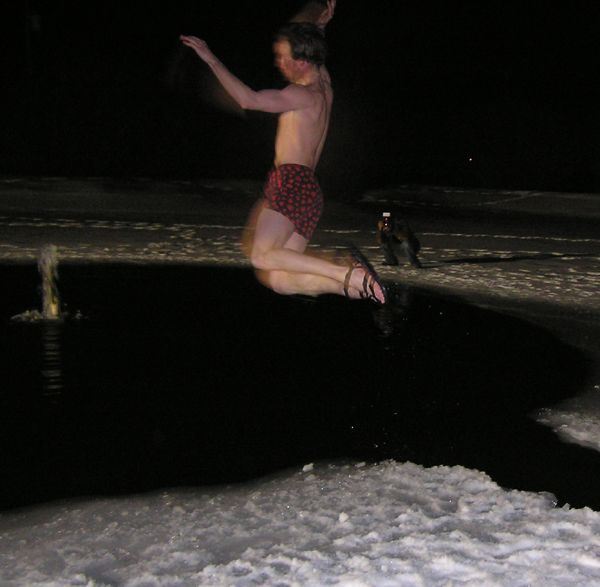 Jump in an icy pond. Photo by Pinedale Online.