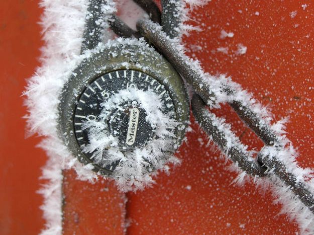 Hoar frost on metal lock. Photo by Dawn Ballou, Pinedale Online.