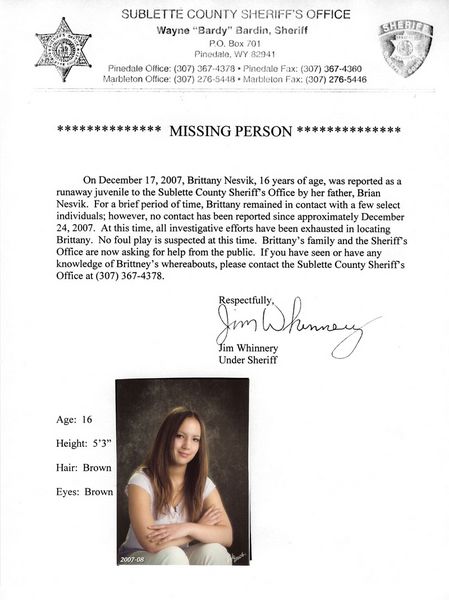 Missing Person Flyer. Photo by Sublette County Sheriff's Office.