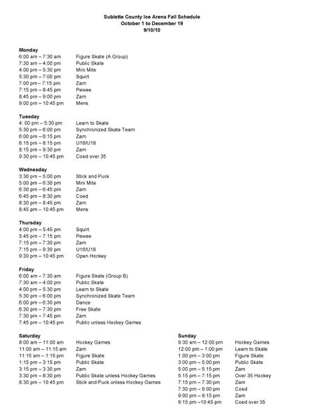 Schedule. Photo by Sublette County Ice Arena.