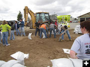 Filling sand bags. Photo by Bill Winney.