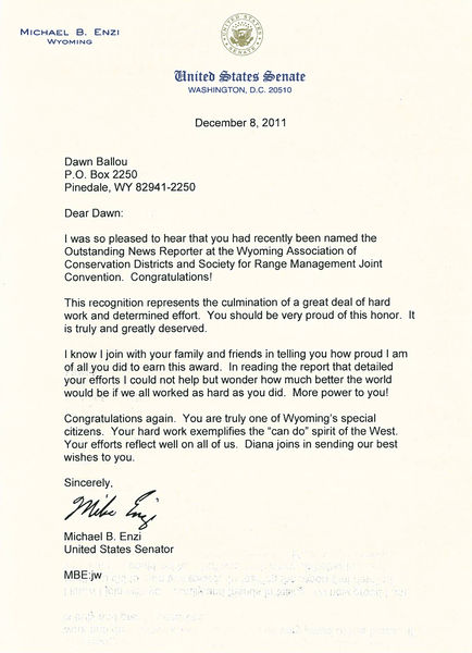 Senator Enzi letter. Photo by Pinedale Online.