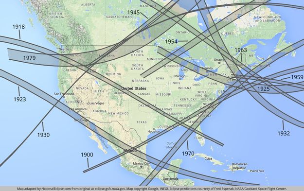 20th century solar eclipses. Photo by NationalEclipse.com.