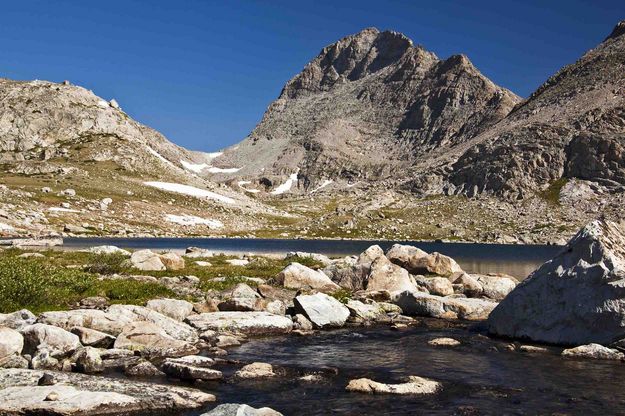 Outlet of Bewmark Lake, Photo Pass and South Cleft (12,471'). Photo by Dave Bell.