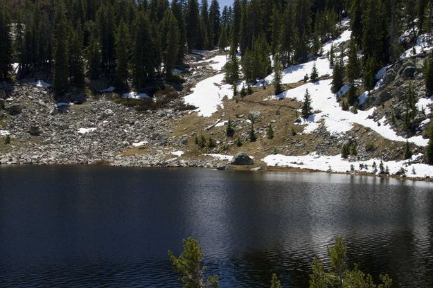 Eklund Lake--Trail Visible Across Lake Climbing . Photo by Dave Bell.