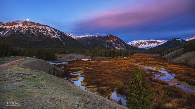 Morning Alpenglow And Setting Moon. Photo by Dave Bell.