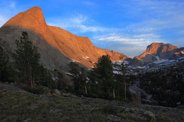 Sunset colors on Haystack & Temple. Photo by Fred Pflughoft.