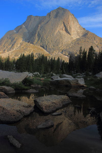 Mitchell Peak reflected in N. Fork of the Popo Agie River. Photo by Fred Pflughoft.