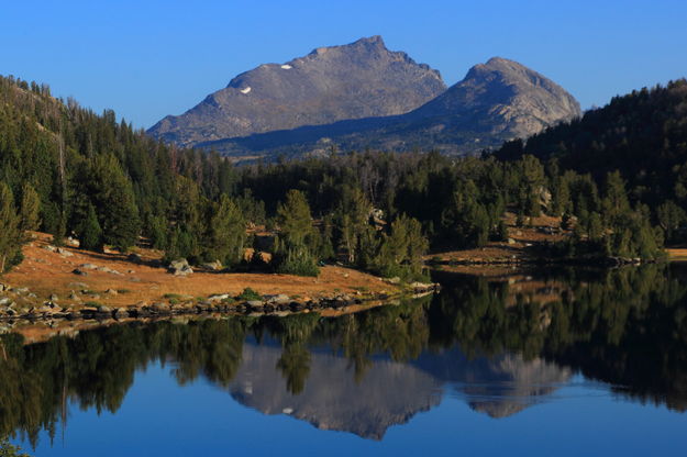 Sunrise reflection of Mt. Geikie at Marms Lake. Photo by Fred Pflughoft.