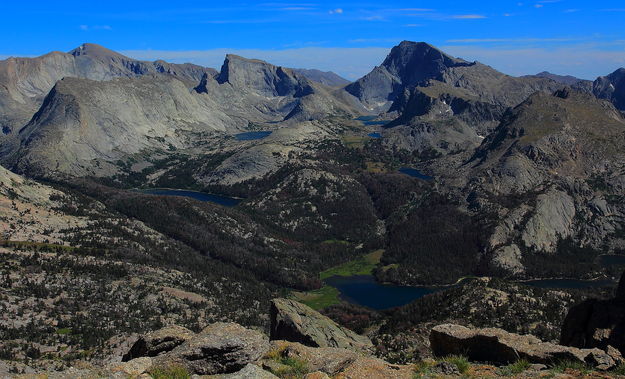 View of the Temple Pks. area from flank of Warbonnet Pk.. Photo by Fred Pflughoft.