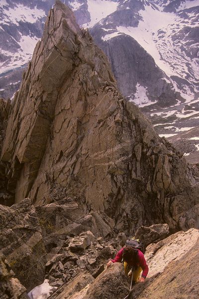 Sue on 5.6 route on Northwest Ridge of Sacagawea / Wind River Mtns. / Wyoming / circa 1987. Photo by Fred Pflughoft.