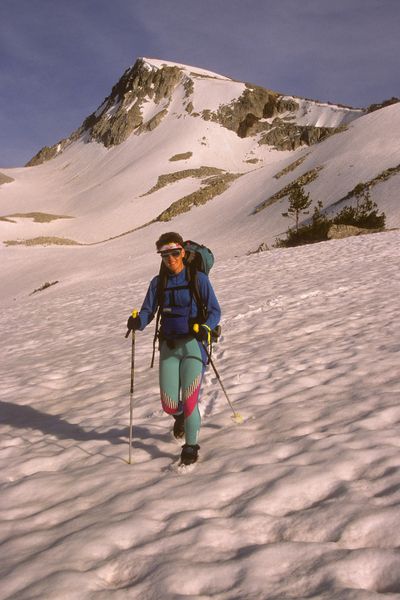 Sue on way down from Eagle Cap / Wallowa Mtns. / Oregon / circa 1988. Photo by Fred Pflughoft.