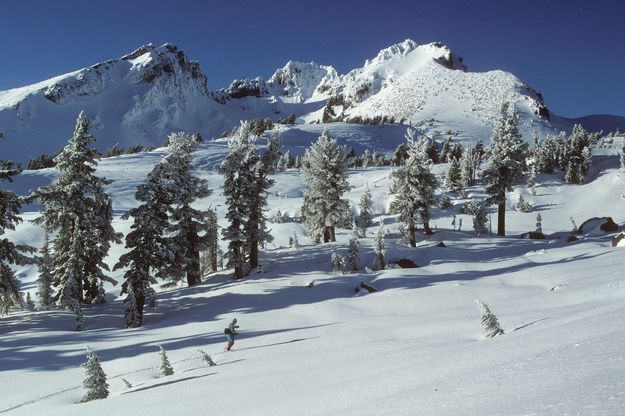 Sue beneath Broken Top / Three Sisters backcountry / circa 1988 . Photo by Fred Pflughoft.