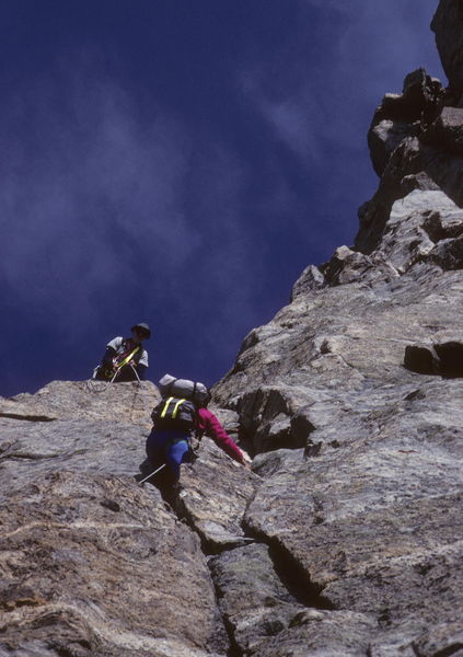 Sue on 5.6 route on Northwest Ridge of Sacagawea / Wind River Mtns. / Wyoming / circa 1987. Photo by Fred Pflughoft.