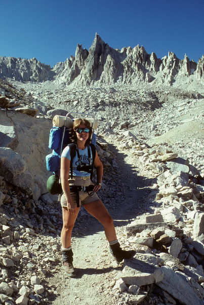 Sue on our first backpack as a married couple / Sawtooth Mtns. / Idaho / circa July 1981. Photo by Fred Pflughoft.