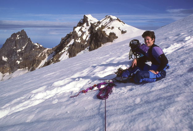 Sue resting on the descent of Mt. Baker / Washington / circa 1984. Photo by Fred Pflughoft.