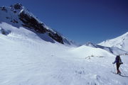 Sue traversing backside of Broken Top / Broken Top Ski Traverse / Oregon / circa 1988. Photo by Fred Pflughoft.