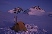 Sunrise on Broken Top / Backcountry Ski Traverse of Broken Top / Three Sisters Wilderness / Oregon / circa 1988. Photo by Fred Pflughoft.