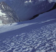 Sue & her rope team moving up the Middle Cascade Glacier / Ptarmigan Traverse / Washington Cascades / circa 1985. Photo by Fred Pflughoft.