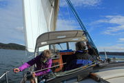 Sue Winching in the Jib on our Second Tack. Photo by Fred Pflughoft.