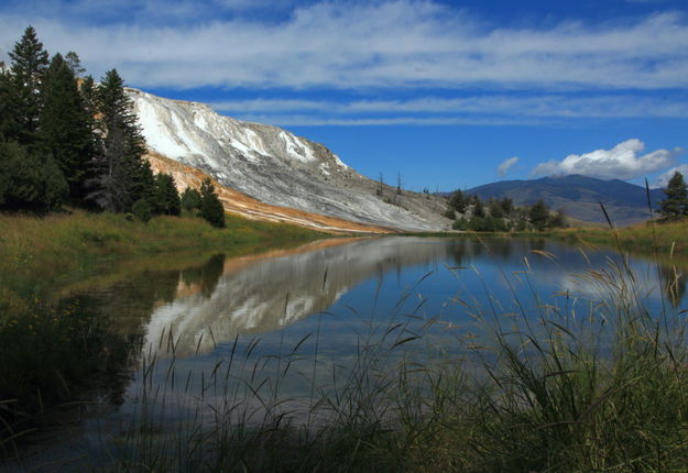 Reflection at Mammoth Terraces. Photo by Fred Pflughoft.