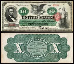 $10 Sawbuck - 1863. Image source: https://en.wikipedia.org/wiki/United_States_ten-dollar_bill#/media/File:US-$10-LT-1863-Fr-95b.jpg