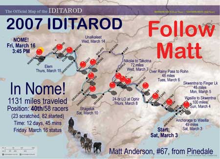 2007 Iditarod map. Graphic modified by Pinedale Online from the base Iditarod map. Click for larger map detail.
