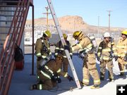 Safe ladder placement. Photo by Sublette County Fire Board.