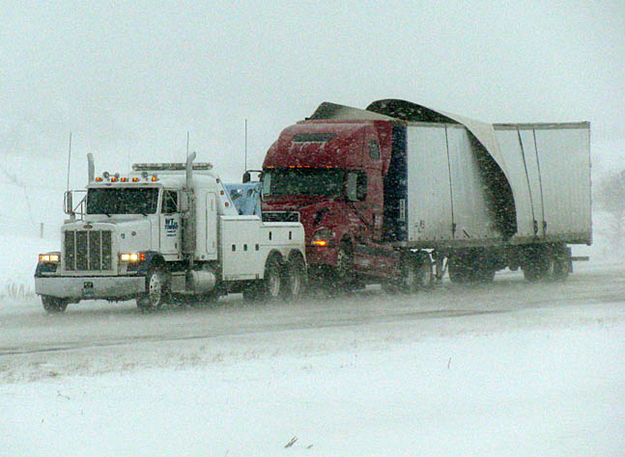 Wrecked Truck on I-80. Photo by Wyoming Department of Transportation (WYDOT).