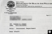 Child Support letter. Photo by Dawn Ballou, Pinedale Online.