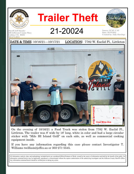 Food trailer theft. Photo by Jefferson County SO, Colorado.