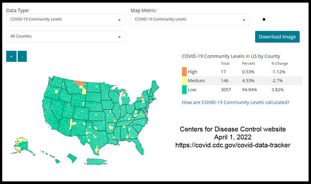 US COVID-19 Community Levels Map. Photo by Centers for Disease Control.