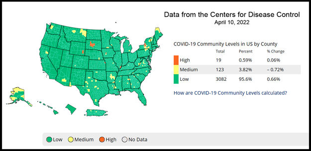 US COVID-19 community levels. Photo by Centers for Disease Control.