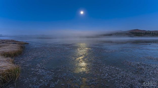 The Moon--Mars--Ice Fog and Ice At Swan Lake. Photo by Dave Bell.