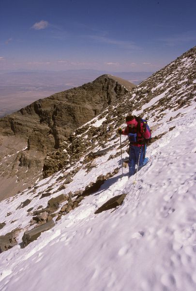 Sue coming down off Wheeler Pk. / Great Basin N.P. / Nevada / circa 1988. Photo by Fred Pflughoft.